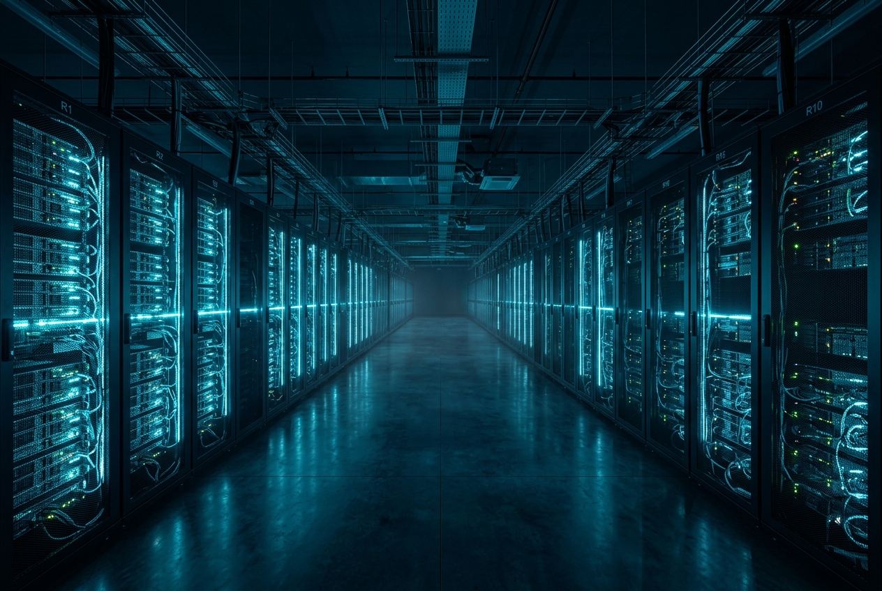 Modern data center server hall with cyan accent lighting
